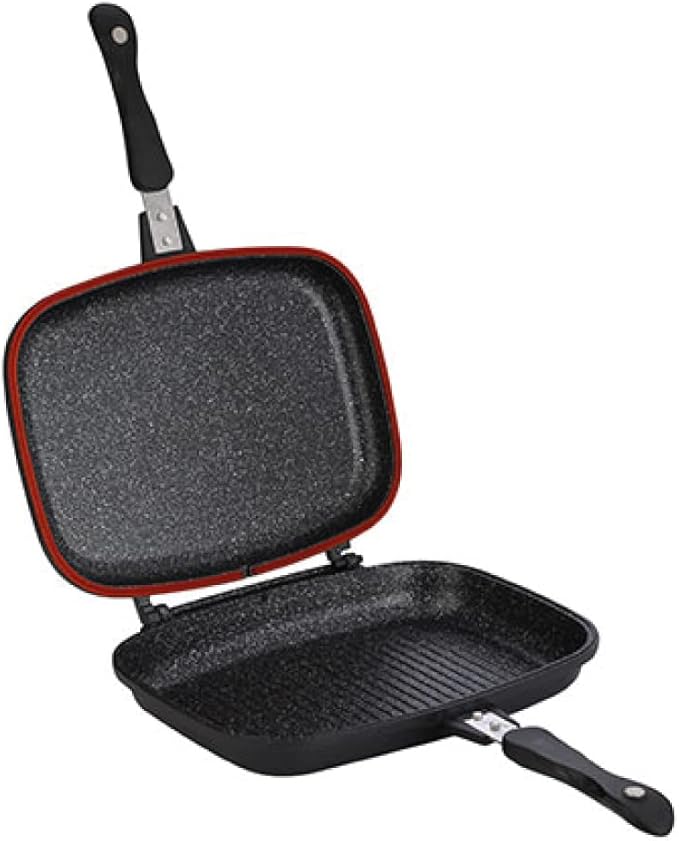 Royal Swiss® Dubbele Grillpan 32 cm – Zwart – Marble Antiaanbaklaag – Magnetische Sluiting – Geschikt voor Inductie, Gas & Keramisch – Dubbele Koekenpan – PFAS-vrij