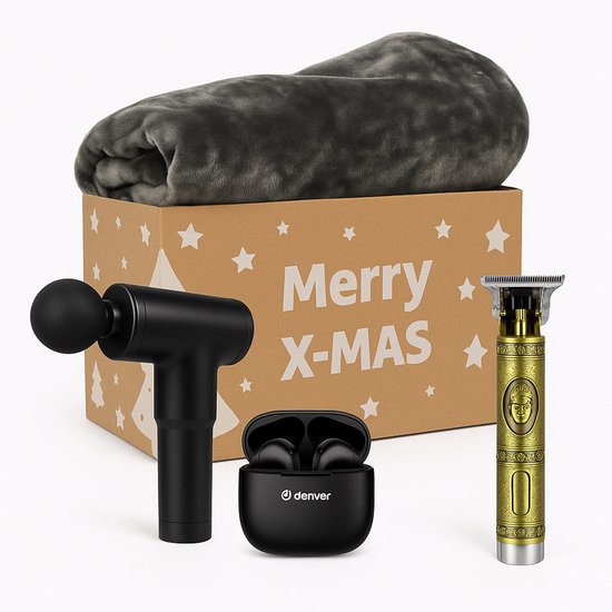 Kerstpakket – Voor Mannen – Bluetooth Earphones Oordopjes – Goude Trimmer – 1 Persoons Luxe Deken – Massagegun – Kerst Pakket – Non Food – Relatiegeschenk – Cadeaupakket