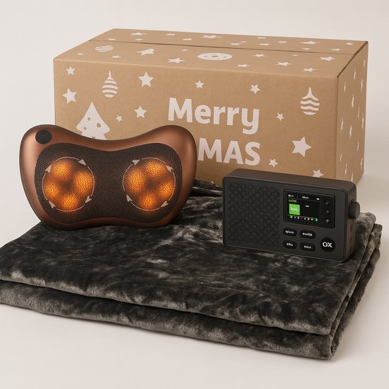 Kerstpakket – Dab Bluetooth Wekkerradio + Massage Kussen Apparaat + 1 Persoons Luxe Deken – Kerst Pakket Senioren – Cadeau Pakket Opa – Oma – Cadeaupakket – Relatiegeschenk