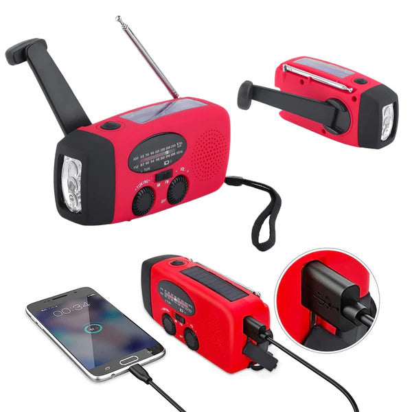 Yarvu ® – 6 IN 1 Noodradio – Opwindbaar + Zonneenergie + Nood Radio Op ingebouwde Batterijen ( Accu ) – Solar Noodpakket – Groothandel - Voor Rampen – Draagbare – FM AM Rood – NIEUW!