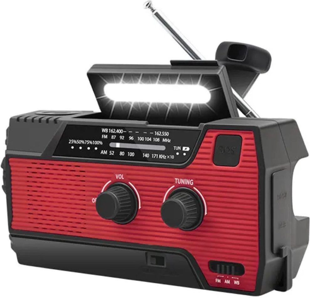 6-in-1 SOS Noodradio – Werkt op Penlite Batterijen, Opwindbaar + Zonne-energie – Bouwradio – Model 2025 – USB C + Noodradio – 4000mAh Ingebouwde Accu – Solar – FM/AM – Rood – NIEUW!