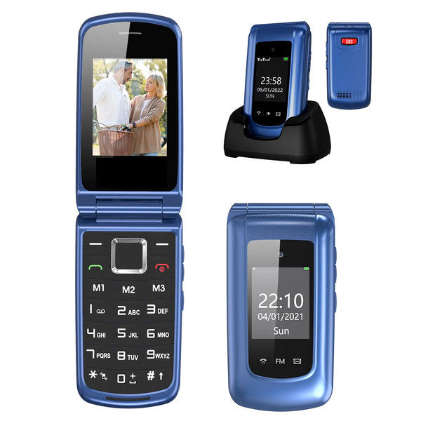 Yarvu ® – Flip 1 – 4G Senioren GSM + Simkaart Geleverd + Oplaadstation – Dual Sim – Dual Scherm – Big Button Mobiele Telefoon – Grote Toetsen & Cijfers – SOS Knop – Mobiel – Ouderen – Blauw NIEUW!