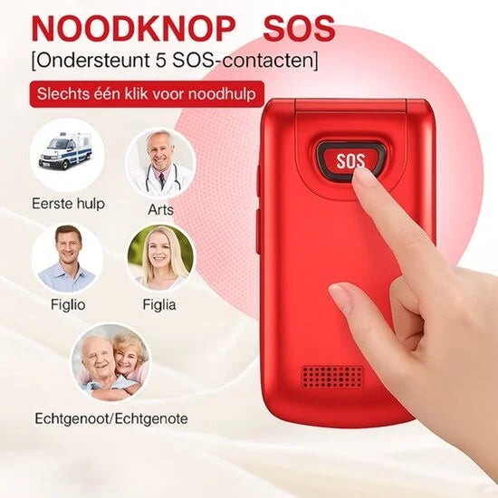 Yarvu ® – Flip 1 – 4G Senioren GSM + Extra Accu Geleverd + Oplaadstation – Dual Sim – Dual Scherm – Big Button Mobiele Telefoon – Grote Toetsen & Cijfers – SOS Knop – Mobiel – Ouderen – Rood – NIEUW!
