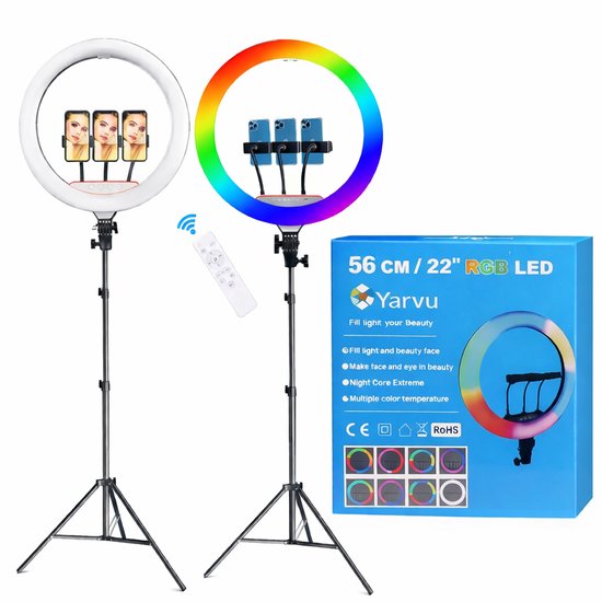 RGB LED Ringlamp XL INCLUSIEF statief (verstelbaar) met telefoonhouder - 56 cm/22 inch -170 cm hoog - USB - flitser - Ring lamp voor Vloggen - Vlog - Make-up light - Studiolamp