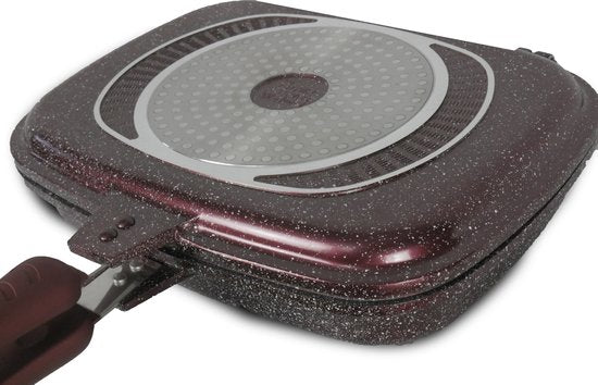 Royal Swiss® Dubbele Grillpan 32 cm – Burgoundy Colour – Marble Antiaanbaklaag – Magnetische Sluiting – Geschikt voor Inductie, Gas & Keramisch – Dubbele Koekenpan – PFAS-vrij