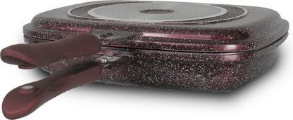 Royal Swiss® Dubbele Grillpan 32 cm – Burgoundy Colour – Marble Antiaanbaklaag – Magnetische Sluiting – Geschikt voor Inductie, Gas & Keramisch – Dubbele Koekenpan – PFAS-vrij