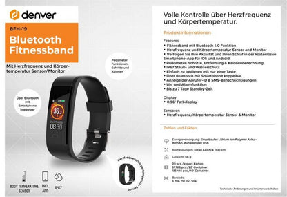 Denver – Activity tracker – Fitnessband – Hartslagmeter – Temperatuurmeter – IP67 Waterproof – Stappenteller – Zwart – NIEUW