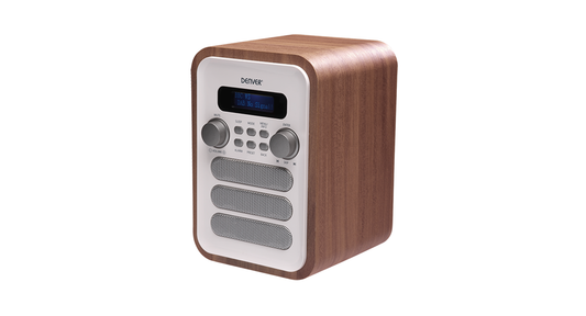 VERPAKKINGSSCHADE – Denver DAB Radio – FM Radio – Bluetooth – Bundel met AUX kabel – Wit + Hout – NIEUW!