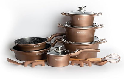 Royalty – 14 Delige Pannenset – Alle Warmtebronnen ( Ook inductie) Marmeren Coating – Afneembare Handvaten Oven-Ready – PFAS-Vrij – Antiaanbaklaag – Met Glazen Deksels – Zilver