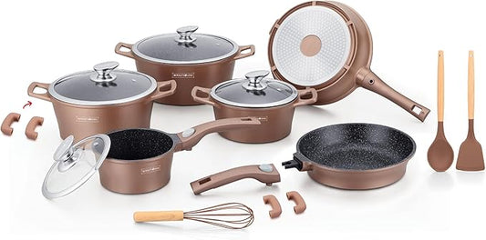 Royalty – 14 Delige Pannenset – Alle Warmtebronnen ( Ook inductie) Marmeren Coating – Afneembare Handvaten Oven-Ready – PFAS-Vrij – Antiaanbaklaag – Met Glazen Deksels – Zilver