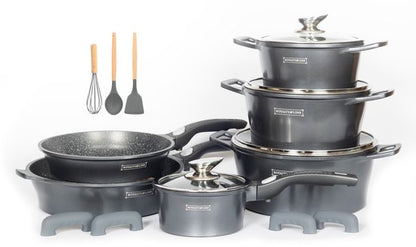 Royalty – 14 Delige Pannenset – Alle Warmtebronnen ( Ook inductie) Marmeren Coating – Afneembare Handvaten Oven-Ready – PFAS-Vrij – Antiaanbaklaag – Met Glazen Deksels – Zilver