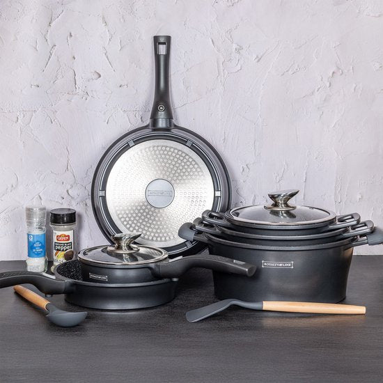 Royalty – 14 Delige Pannenset – Alle Warmtebronnen ( Ook inductie) Marmeren Coating – Afneembare Handvaten Oven-Ready – PFAS-Vrij – Antiaanbaklaag – Met Glazen Deksels – Zilver