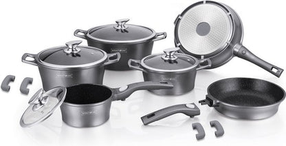 Royalty – 14 Delige Pannenset – Alle Warmtebronnen ( Ook inductie) Marmeren Coating – Afneembare Handvaten Oven-Ready – PFAS-Vrij – Antiaanbaklaag – Met Glazen Deksels – Zilver