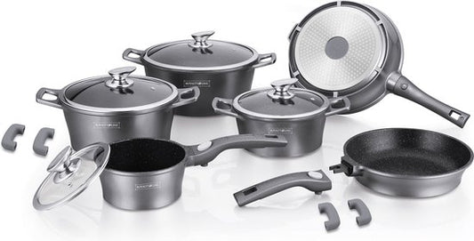 Royalty – 14 Delige Pannenset – Alle Warmtebronnen ( Ook inductie) Marmeren Coating – Afneembare Handvaten Oven-Ready – PFAS-Vrij – Antiaanbaklaag – Met Glazen Deksels – Zilver