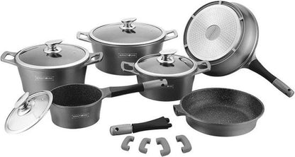 Royalty – 14 Delige Pannenset – Alle Warmtebronnen ( Ook inductie) Marmeren Coating – Afneembare Handvaten Oven-Ready – PFAS-Vrij – Antiaanbaklaag – Met Glazen Deksels – Zilver