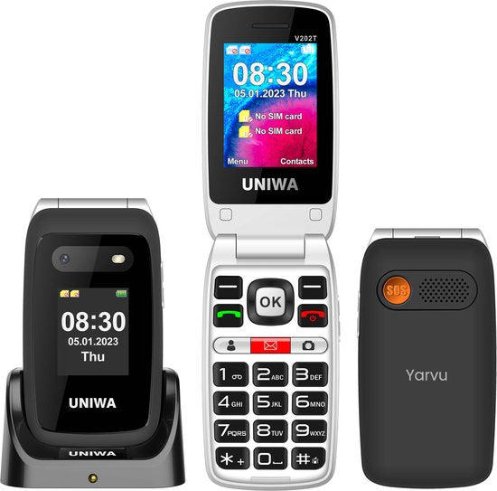 Yarvu ® – Uniwa- 4G Senioren Mobiele Telefoon – Met Oplaadstation + Dual Screen – Grote Letters & Toetsen – Big Button GSM – Seniorentelefoon – Klaptelefoon – Zwart – NIEUW!