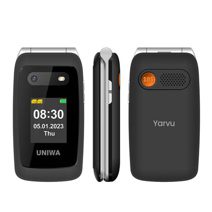 Yarvu ® – Uniwa- 4G Senioren Mobiele Telefoon – Met Oplaadstation + Dual Screen – Grote Letters & Toetsen – Big Button GSM – Seniorentelefoon – Klaptelefoon – Zwart – NIEUW!