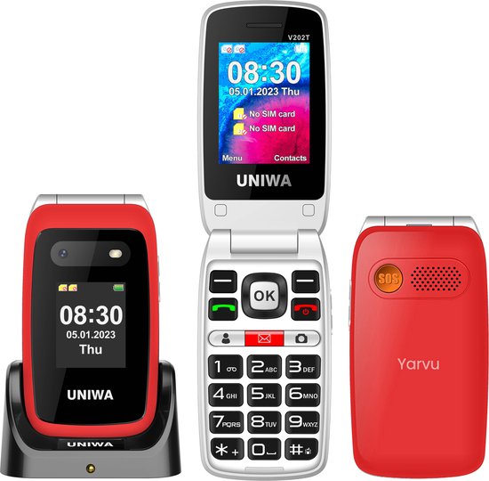 Yarvu ® – Uniwa – 4G Senioren GSM – Met Oplaadstation + Dual Screen – Grote Letters & Toetsen – Big Button GSM – Seniorentelefoon – Klaptelefoon – Mobiele Telefoon – Rood – NIEUW!