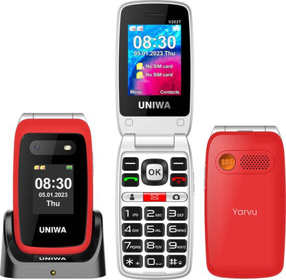 Yarvu ® – Uniwa – 4G Senioren GSM – Met Oplaadstation + Dual Screen – Grote Letters & Toetsen – Big Button GSM – Seniorentelefoon – Klaptelefoon – Mobiele Telefoon – Rood – NIEUW!