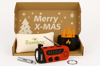 Kerstpakket Basic – Trends 2025 – Noodradio – Noodfluit – Bamboe Kussen – Aroma Diffuser – Kerst Pakket – Geschenkset – Cadeau – Doos