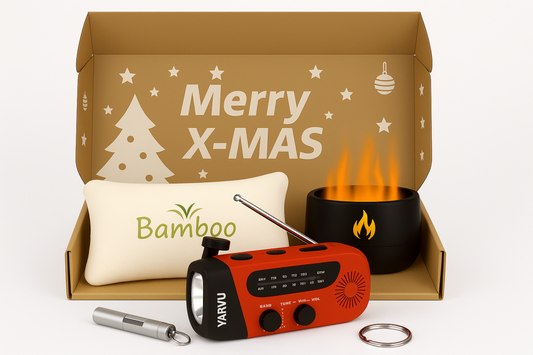 Kerstpakket Basic – Trends 2025 – Noodradio – Noodfluit – Bamboe Kussen – Aroma Diffuser – Kerst Pakket – Geschenkset – Cadeau – Doos