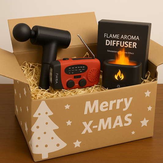 kerstpakket – Relax 1 – Noodradio – Massagegun – Aroma Diffuser