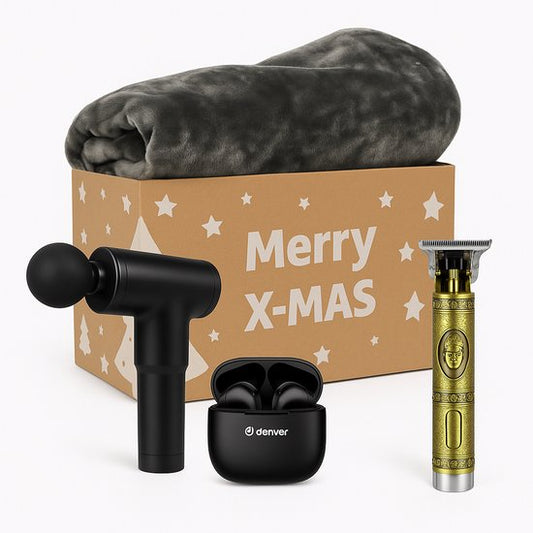 Kerstpakket – Voor Mannen – Bluetooth Earphones Oordopjes – Goude Trimmer – 1 Persoons Luxe Deken – Massagegun – Kerst Pakket – Non Food – Relatiegeschenk – Cadeaupakket