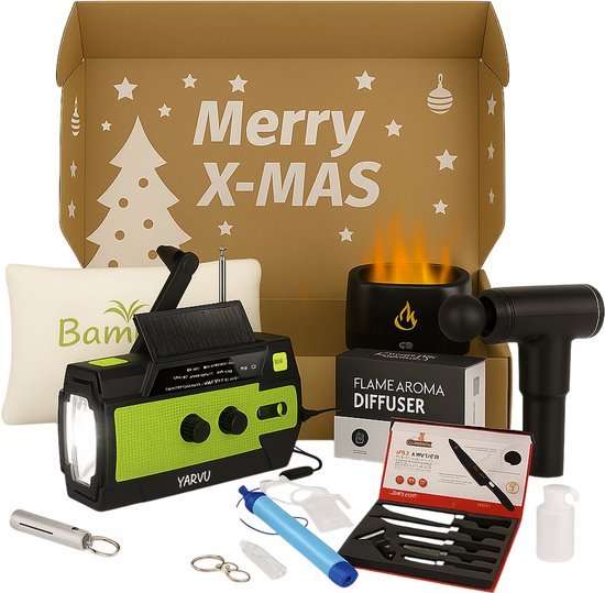 Kerstpakket – Excellence 2 – Noodradio 4000 mah – Noodfluit – Massagegun – Bamboo Kussen – Aroma Diffuser – Waterfilterset – Messenset – Kerst Pakket Merk