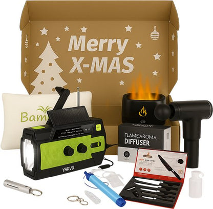 Kerstpakket – Excellence 2 – Noodradio 4000 mah – Noodfluit – Massagegun – Bamboo Kussen – Aroma Diffuser – Waterfilterset – Messenset – Kerst Pakket Merk
