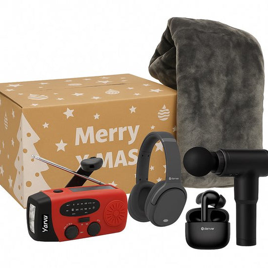 Kerstpakket – Premium – Voor Mannen & Vrouwen – Noodradio – Bluetooth Earphones Oordopjes – Bluetooth Koptelefoon Massagegun – 1 Persoons Luxe Deken – Kerst Pakket – Cadeau Pakket – Cadeaupakket – Relatiegeschenk