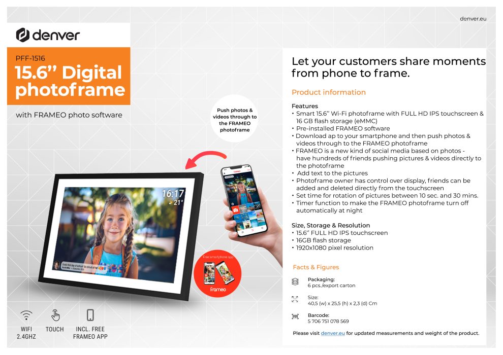 VERPAKKINGSSCHADE – Denver Digitale Fotolijst 15.6 inch – XL – Full HD – Frameo App – Fotokader – WiFi – 16GB – IPS Touchscreen – PFF-1516 – NEW!
