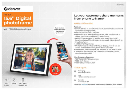 VERPAKKINGSSCHADE – Denver Digitale Fotolijst 15.6 inch – XL – Full HD – Frameo App – Fotokader – WiFi – 16GB – IPS Touchscreen – PFF-1516 – NEW!