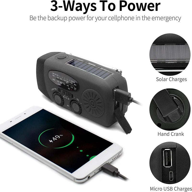 Yarvu ® – 6 IN 1 Noodradio – Opwindbaar + Zonneenergie + Nood Radio Noodpakket Op ingebouwde Batterijen ( Accu ) – Solar – Voor Rampen – Draagbare – FM AM Zwart - Groothandel  – NIEUW!