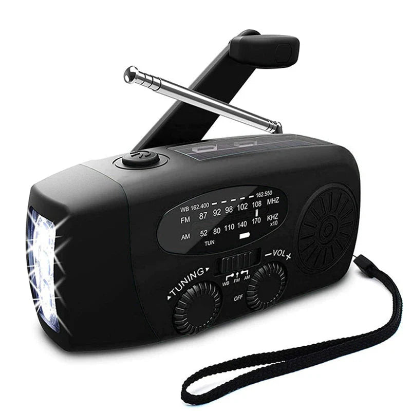 Yarvu ® – 6 IN 1 Noodradio – Opwindbaar + Zonneenergie + Nood Radio Noodpakket Op ingebouwde Batterijen ( Accu ) – Solar – Voor Rampen – Draagbare – FM AM Zwart - Groothandel  – NIEUW!