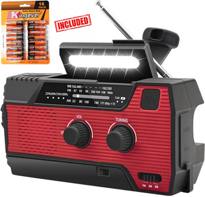 6-in-1 SOS Noodradio – Werkt op Penlite Batterijen, Opwindbaar + Zonne-energie – Bouwradio – Model 2025 – USB C + Noodradio – 4000mAh Ingebouwde Accu – Solar – FM/AM – Rood – NIEUW!