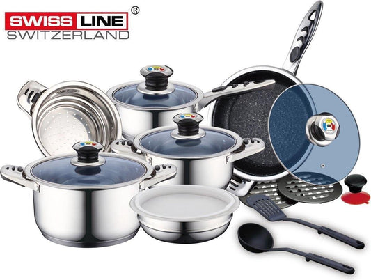 Royal Swiss – Luxe Pannenset RVS – 16-delig – Zilver – Glazen deksel NIEUW!