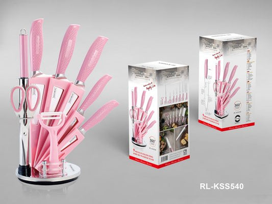 Roze Messenset Met Blok – 9 Delig Messenblok Met Draaibaar Standaard – Scherpe Messen – Vaatwasbestendig – Incl. Messenslijper en Keukenschaar – RVS