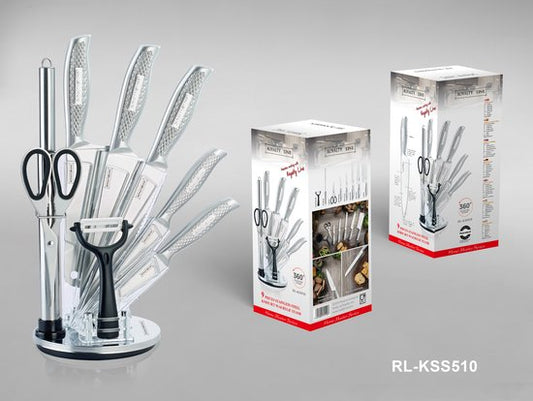 Grijs Messenset Met Blok – 9 Delig Messenblok Met Draaibaar Standaard – Scherpe Messen – Vaatwasbestendig – Incl. Messenslijper en Keukenschaar – RVS