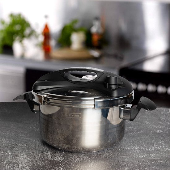 Royalty Line® RL24PS6LM Snelkookpan Inductie – 6 Liter / Ø 24cm – Snelkookpannen Voor Alle Warmtebronnen – Pressure Cooker Met Antiaanbaklaag – Instant koken – Eenhandig Mechanisme – RVS