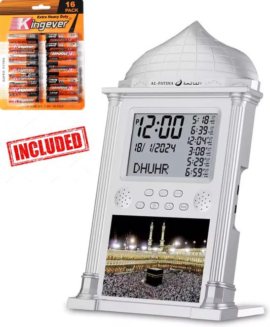 Yarvu – Azan Klok + 16 AA Batterijen Meegeleverd – 34*21 CM – Moslim – Islam – Gebedsklok – Gebed – Adhan – Ramadan Decoratie – Adan Alarm – Zilver