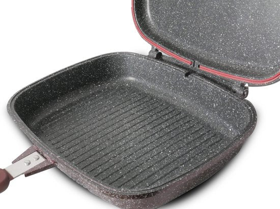 Royal Swiss® Dubbele Grillpan 32 cm – Burgoundy Colour – Marble Antiaanbaklaag – Magnetische Sluiting – Geschikt voor Inductie, Gas & Keramisch – Dubbele Koekenpan – PFAS-vrij