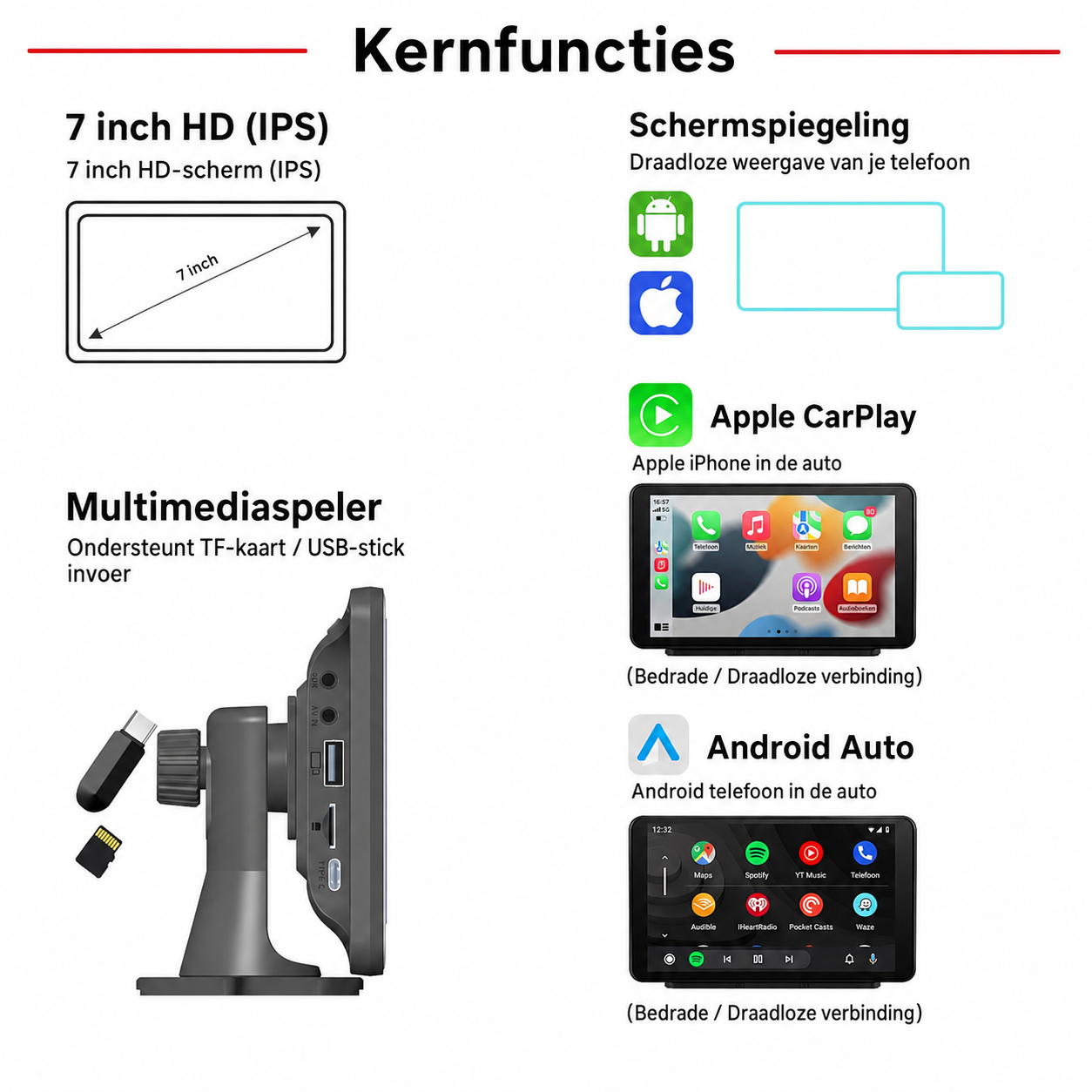 Yarvu ®7 inch CarPlay Scherm & Android Auto Scherm + 32GB Micro SD - Draadloos - Navigatiesysteem Auto – Auto Scherm – Universeel – Met Touchscreen - Draadloos