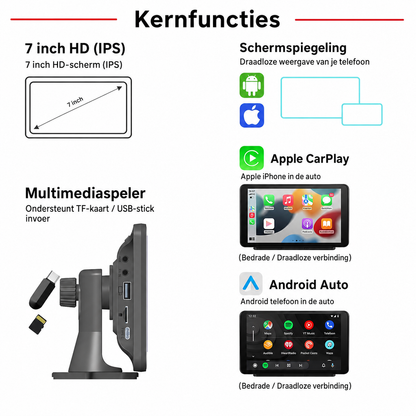 Yarvu ®7 inch CarPlay Scherm & Android Auto Scherm + 32GB Micro SD - Draadloos - Navigatiesysteem Auto – Auto Scherm – Universeel – Met Touchscreen - Draadloos