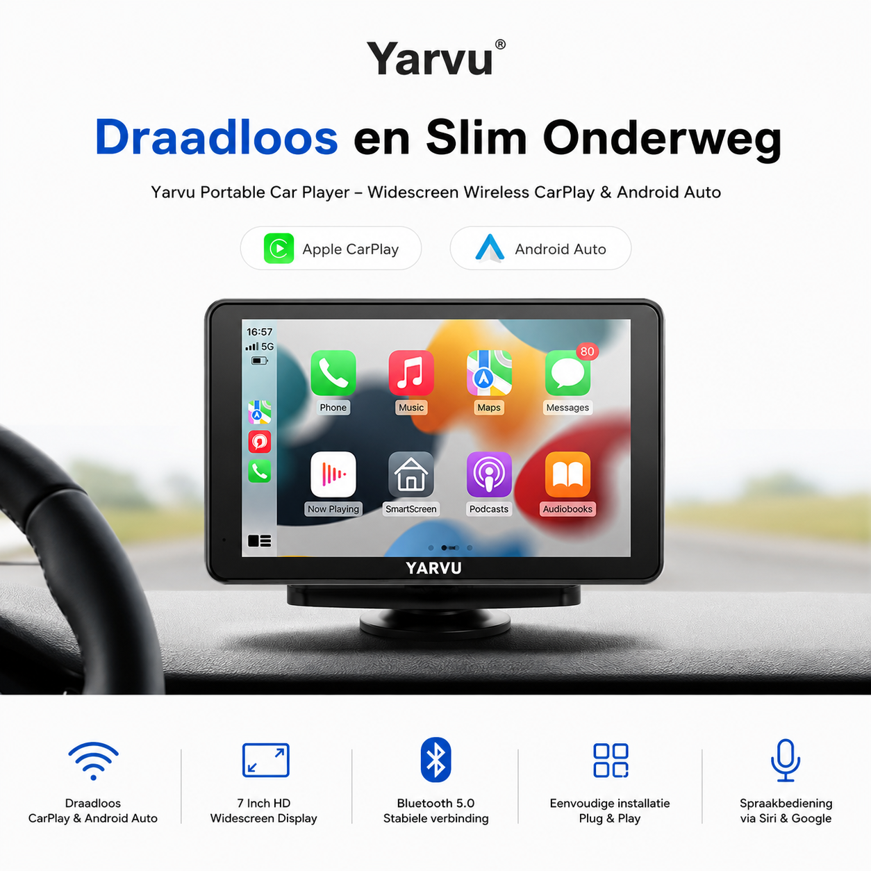 Yarvu ® Geschikt voor CarPlay Scherm 7 Inch – Geschikt voor Android Auto Scherm + 32GB Micro SD - Draadloos - Navigatiesysteem Auto – Auto Scherm – Universeel – Met Touchscreen - Draadloos