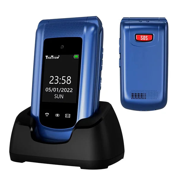 Yarvu ® – Flip 1 – 4G Senioren GSM + Simkaart Geleverd + Oplaadstation – Dual Sim – Dual Scherm – Big Button Mobiele Telefoon – Grote Toetsen & Cijfers – SOS Knop – Mobiel – Ouderen – Blauw NIEUW!