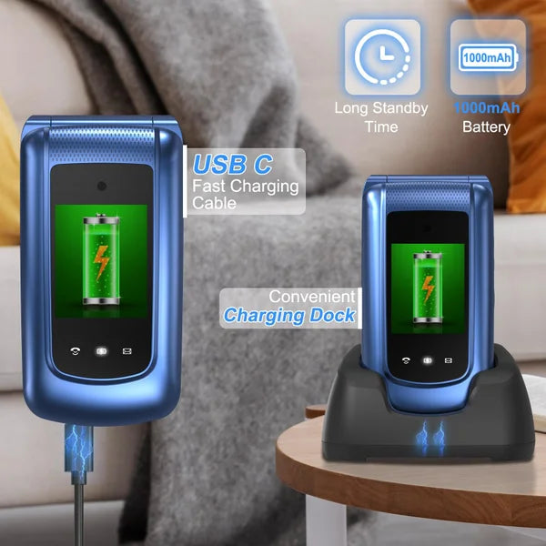 Yarvu ® – Flip 1 – 4G Senioren GSM + Simkaart Geleverd + Oplaadstation – Dual Sim – Dual Scherm – Big Button Mobiele Telefoon – Grote Toetsen & Cijfers – SOS Knop – Mobiel – Ouderen – Blauw NIEUW!