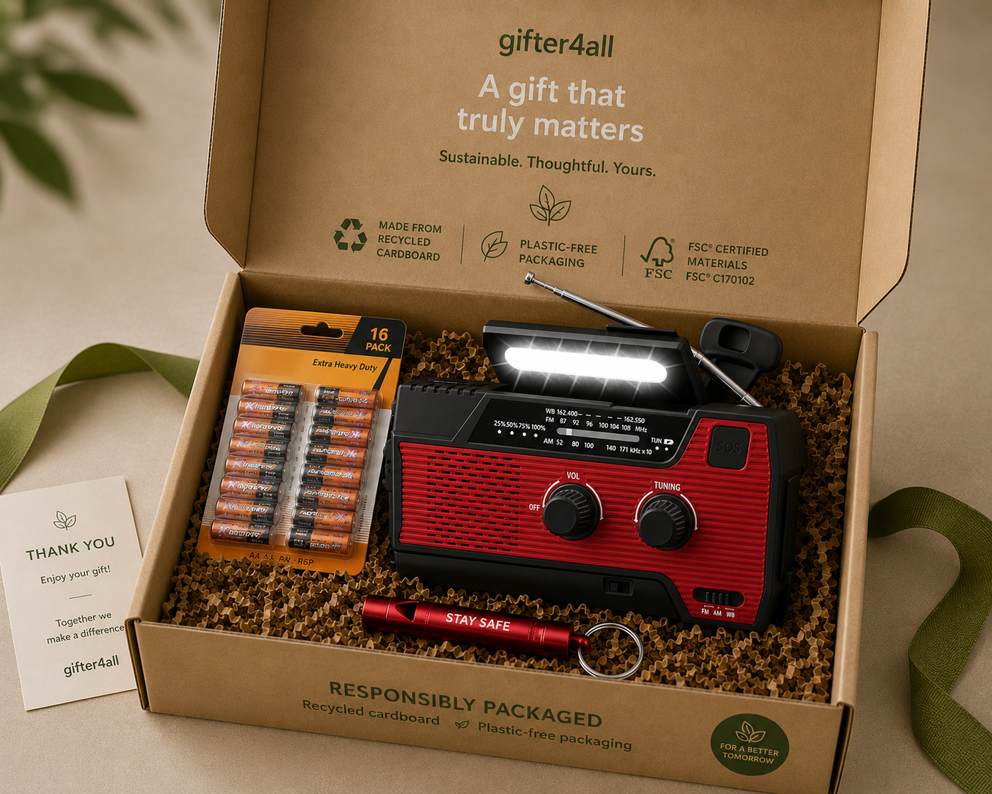 Kerstpakket Prepare - Luxe Noodradio (Gratis Logo) + 16 AAA Batterijen + Noodfluit - NIEUW!