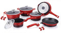 Royalty – 14 Delige Pannenset – Alle Warmtebronnen ( Ook inductie) Marmeren Coating – Afneembare Handvaten Oven-Ready – PFAS-Vrij – Antiaanbaklaag – Met Glazen Deksels – Rood met zwart!