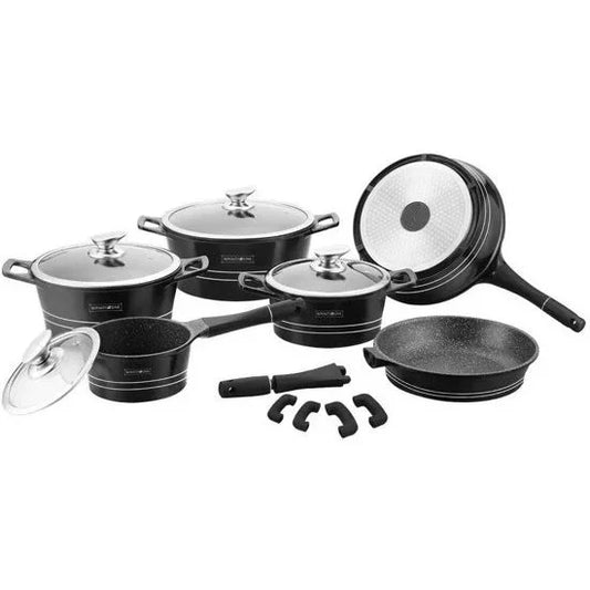 Royalty – 14 Delige Pannenset – Alle Warmtebronnen ( Ook inductie) Marmeren Coating – Afneembare Handvaten Oven-Ready – PFAS-Vrij – Antiaanbaklaag – Met Glazen Deksels – Zwart!