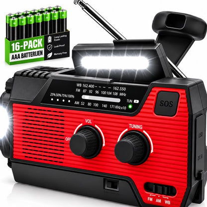 6-in-1 SOS Noodradio - Werkt op Penlite Batterijen - Inclusief 16 pack AAA -Opwindbaar + Zonne-energie – Bouwradio – Model 2025 – USB C + Noodradio – 4000mAh Ingebouwde Accu – Solar – FM/AM – Rood – NIEUW!